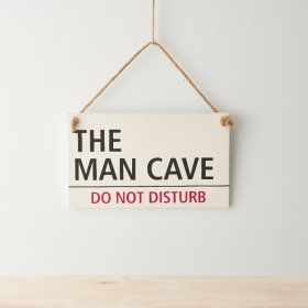 A fun hanging sign with "the man cave, do not disturb" text and rope hanger. 