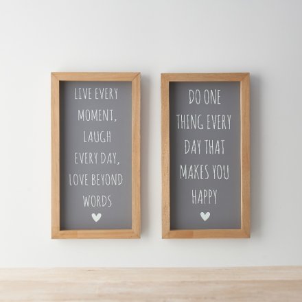 2 Assorted framed quotes each featuring heart motifs, a stylish grey background and motivational quotes. 