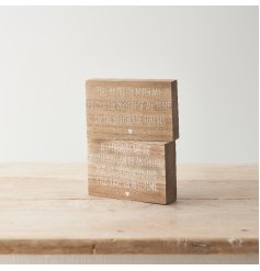 An assortment of two wooden blocks each with a heart warming quote and heart detail. 