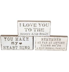 A mix of 3 chunky wooden slogan plaques, each with a shabby chic and distressed aesthetic. 