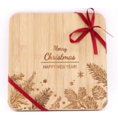 A beautiful bamboo board with a festive design and Merry Christmas slogan. Wrapped with a Christmas red bow.