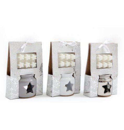 mistletoe fragranced oil burner set in an assortment of 3 with a cut out star decal
