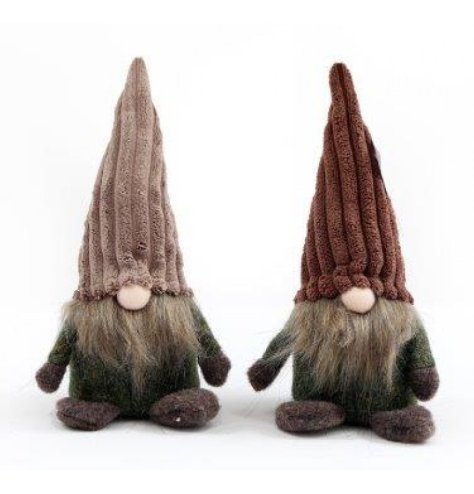An assortment of 2 woodland gonks in earthy green and grey colours. Each has a traditional long beard and a stylish hat