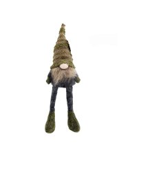 A rustic grey and green fabric gonk with a moss effect pointed hat and dangly legs. 