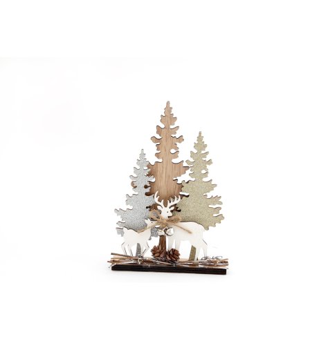 A trio of wooden trees with two charming reindeers, the perfect ornament for your home. 