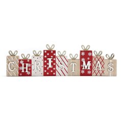 Christmas present sign in red and cream.