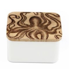 A stylish and unique storage tin with a natural wooden lid engraved with a laser octopus design.