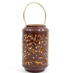 A stylish lantern with an intricate design. In earthy brown and gold colours with a gold handle.
