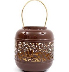 A stylish brown glossy lantern with an intricate leaf design. Richly coloured with a gold handle. 