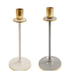 A mix of 2 gold detailed candlesticks with a glossy grey and white finish. 