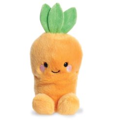 A sweet and colourful orange carrot soft toy with cute smiley face and rosy cheeks. 