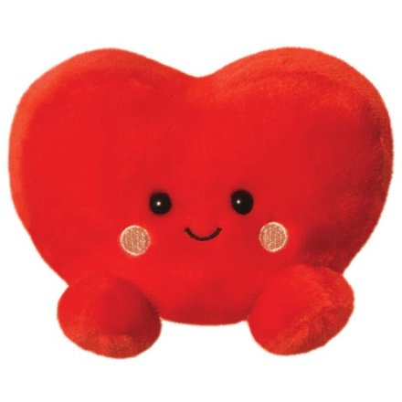A super cute heart shaped palm pal soft toy with vibrant red design featuring cute smile and blush cheeks. 