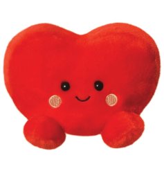 A super cute heart shaped palm pal soft toy with vibrant red design featuring cute smile and blush cheeks. 