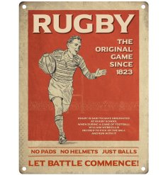 Rugby themed metal sign.
