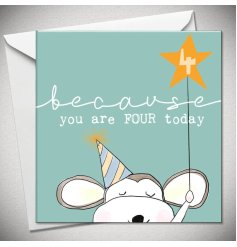 Celebrate turning four with this colourful and cute greetings card with number by Bexy Boo.