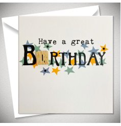 Have a Great Birthday greetings card with a colourful star design and wooden scrabble piece.