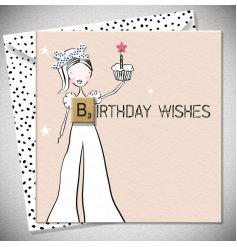 A pretty birthday wishes greetings card with a 3D fabric bow and wooden scrabble piece.