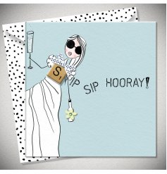 Sip Sip Hooray! A pretty and beautifully illustrated greetings card with a 3D scrabble piece and flower gem. 