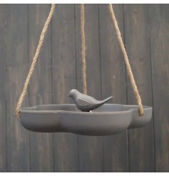 Bamboo bird bath / feeder in Anthracite with a little bird in the centre