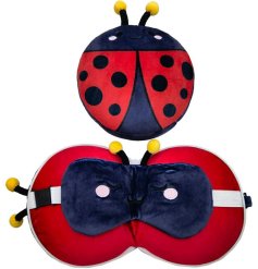 plush multi use travel pillow and eye mask in a bright and colour ladybird design