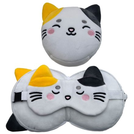 Relaxeazzz Cat Round Plush Travel Pillow  & Eye Mask