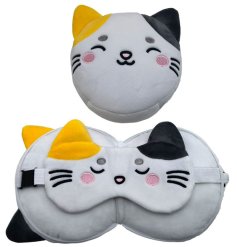 plush travel pillow and eye mask in a smiley cat design