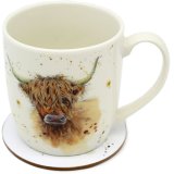 porcelain country style mug featuring a highland cow, sitting on a matching coaster