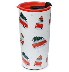 A colourful thermal insulated travel mug with a retro VW Christmas camper design. 