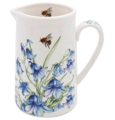 A bright and colourful jug showcasing a mixture of Bluebell flowers and bees. 