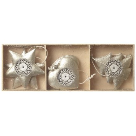 Box of 6 Heart, Tree & Star Golden Decorations, 7cm