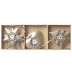A sparkly set of 6 hanging Christmas decorations in 3 shapes.