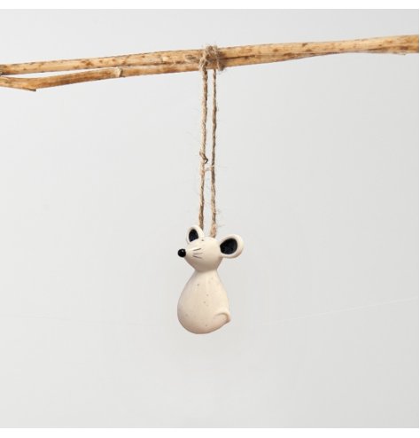 cute mouse decoration in a glaze finish hung with neutral twine