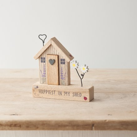 This plaque features the text "Happiest in My Shed" with shed design, wire details and a daisy embellishment