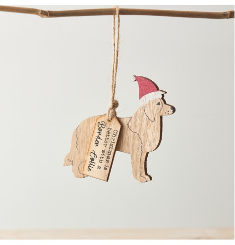 A Border Collie shaped hanging decoration with red Santa hat and "Christmas is better with a Border Collie" tag