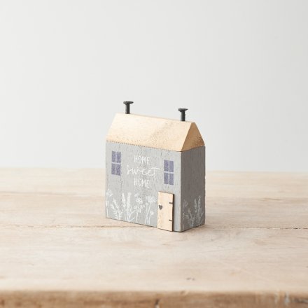 A cute wooden house decoration with stylish grey colour scheme, 3D details and "home sweet home" message. 