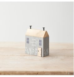 A cute wooden house decoration with stylish grey colour scheme, 3D details and "home sweet home" message. 