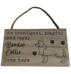 "An intelligent, playful & loyal" Border Collie lives here" wooden sign with rope hanger and paw print details. 