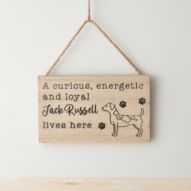 A wooden sign with rope hanger and Jack Russell inspired illustration and message with paw print design details. 