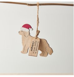 A hanging Cockapoo shaped decoration with "Christmas is better with a Cockapoo" tag and Santa hat detail. 