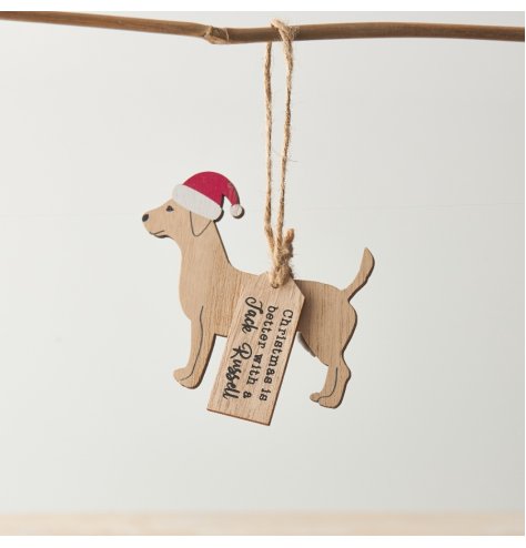 A charming Jack Russell wooden hanging decoration. A novelty seasonal item, perfect for dog lovers. 