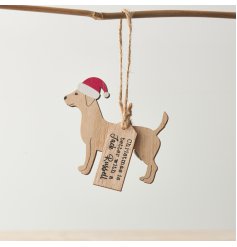 A laser cut wooden Jack Russell hanging decoration. Complete with a painted Santa hat and printed slogan. 