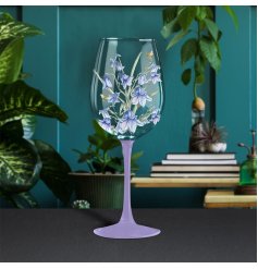 a gorgeous wine glass illustrated with Bluebells