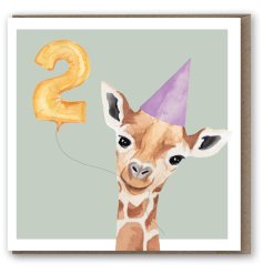 An adorable birthday card with cute giraffe design and party hat/ "2" balloon details. 