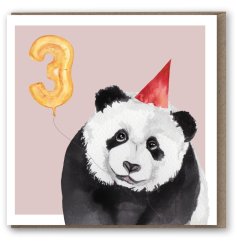 An adorably cute greeting card with panda in a party hat design and number 3 balloon. 