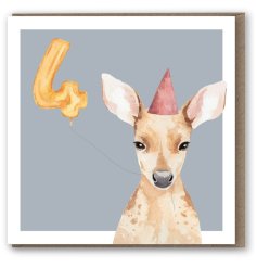 A super sweet 4th birthday card with cute deer design and party hat/ balloon details. 