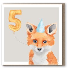 A super cute 5th birthday card with sweet fox design wearing a party hat and with "5" balloon detail. 
