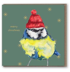 A beautifully hand painted Blue Tit wearing a red bobble wooly hat. Set upon a luxurious Christmas green sky with gold.