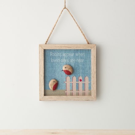 hanging wooden sign displaying two robins and a small ladybird perched on a fence, hung from jute string.