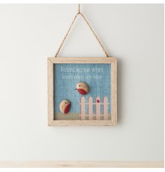 hanging wooden sign displaying two robins and a small ladybird perched on a fence, hung from jute string.