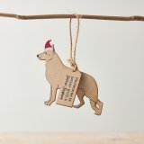 Great for a German Shepherd fan! A hanging wooden decoration detailing a German Shepherd, wearing a cute Christmas hat